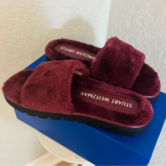 STUART WEITZMAN‎ Elodie Chill Faux Fur Slide Slipper Sandal Size 9 Cranberry NWT - Picture 16 of 17